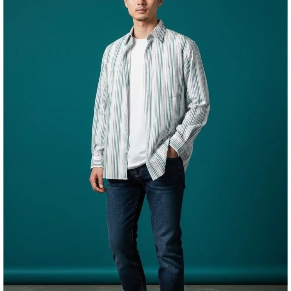 J Crew Mens Size L Striped Button Down Shirt 2-Ply Cotton Green Blue Pink White - Picture 3 of 9